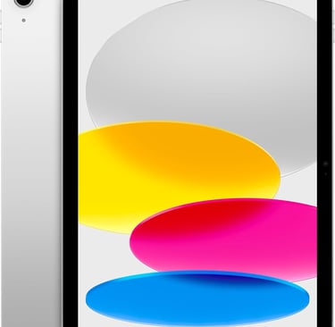 Front and back view of a silver Apple iPad 10th generation with a colorful abstract wallpaper.