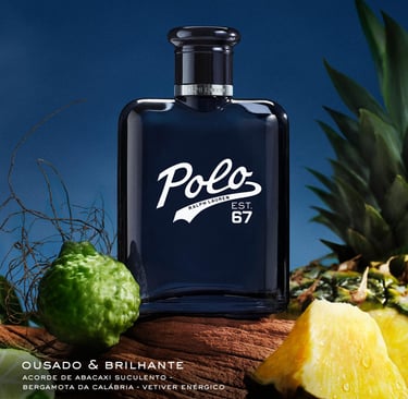 Ralph Lauren Polo 67 cologne bottle with bergamot and fresh pineapple fragrance notes on a wooden base.