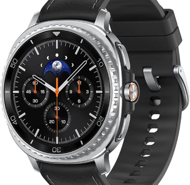 Smartwatch with silver stainless steel case, black silicone strap, and moon phase dial.