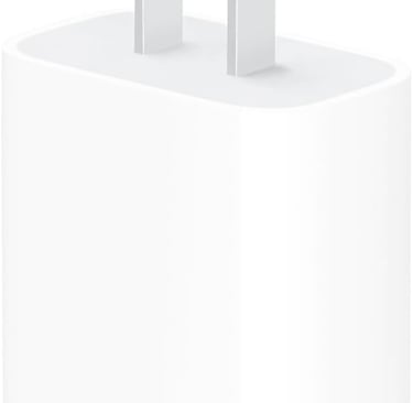 White 20W USB-C power adapter wall charger with two-prong plug for mobile devices.