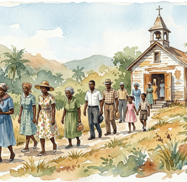 Watercolor illustration of a community walking from a rural church in a tropical landscape.