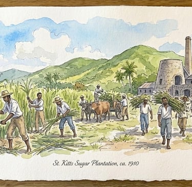 Watercolor illustration of workers harvesting cane on a St. Kitts sugar plantation in 1910.