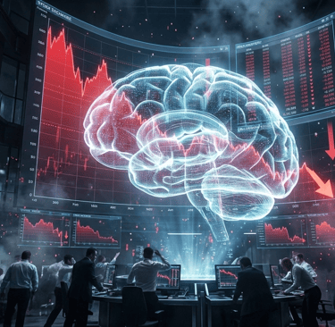 Gráficos de bolsa de valores em queda com silhueta de IA.