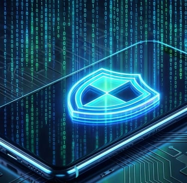 Escudo digital brilhante sobre ecrã de telemóvel futurista.