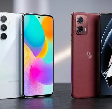 Galaxy A56 e Moto G86 lado a lado em destaque.