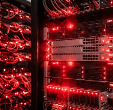 Servidores de alta tecnologia com luzes vermelhas de alerta.