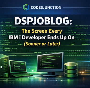 Illustration showing IBM i systems and job log screens used by developers to analyze job execution