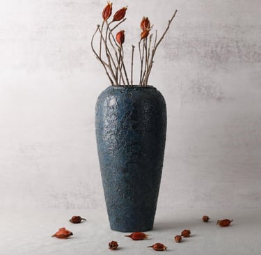 13" Tall Blue Ceramic Vase - Rustic Pottery Accent for Centerpieces, Decorative Flower Container