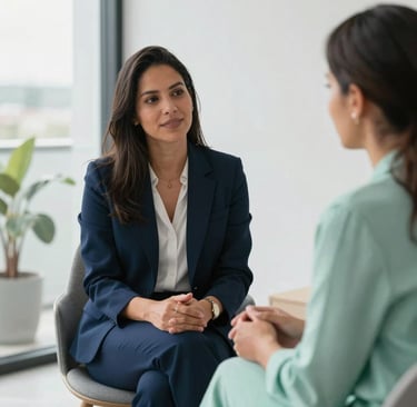 Professional corporate lifestyle photography of a supportive Brazilian psychologist speaking with an employee in a modern, light-filled office. Natural daylight, clean minimalist setting with accents of dark blue and mint green. Empathetic and professional vibe.