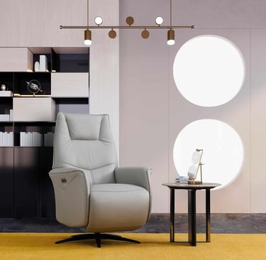 a chair with a table and a lamp