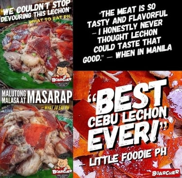 photo collage of cebu lechon reviews of boarcher cebu lechon house