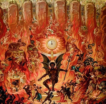 A painting depicting hell as per Christian faith with demons, fire, and souls under a horned devil.