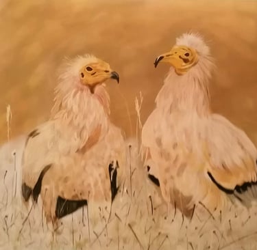 two birds standing in the grass with a brown background