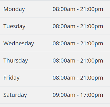 a list of opening hours