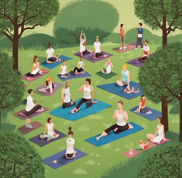 A group of diverse individuals practicing yoga outdoors in a tranquil environment.