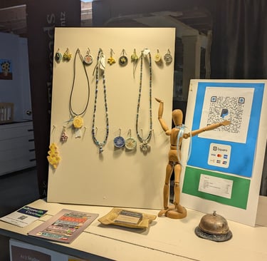 manikin, service bell, earrings, necklaces, Venmo, PayPal, square