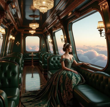 Lovely girl in green dress on a flight