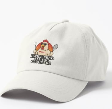 I will feed all you cluckers - chicken on a hat holding a fork and spatula.