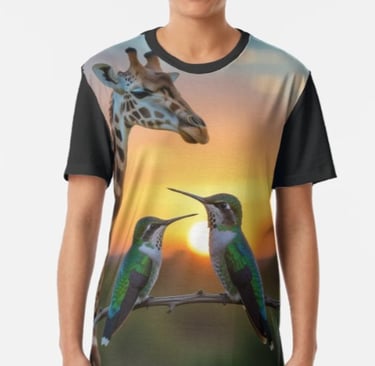 Giraffe looking at two hummingbirds at sunset