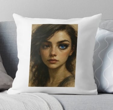 Girl with one blue eye on a pillow.