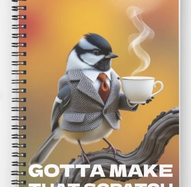 Notebook with chickadee in business suit drinking his coffee
