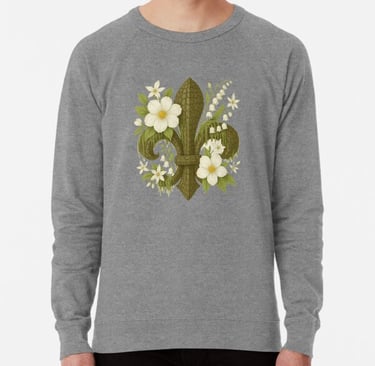 Custom graphic of a fleur de lis and flowers on a gray tshirt.