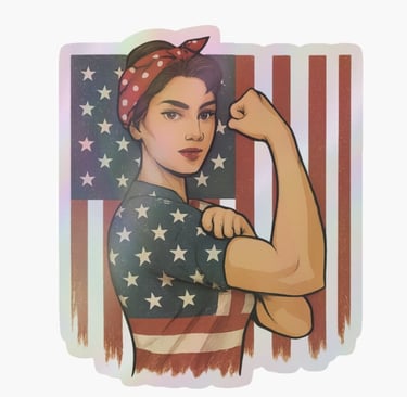 Strong patriotic woman flexing her strength and arm