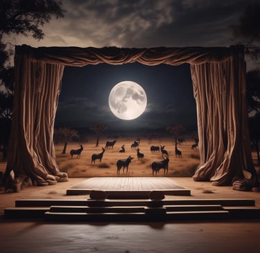 A dramatic theater stage with burgundy curtains ready to open.