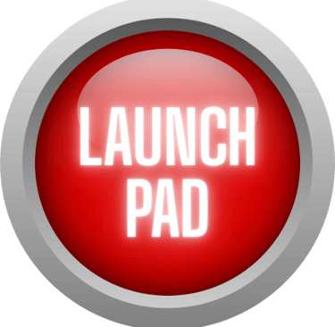 A glossy red circular button featuring a glowing white Launch Pad text label in a silver frame.