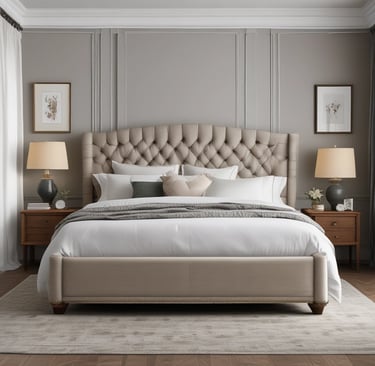 A modern furniture showroom with several sofas and beds displayed. The interior is illuminated with ceiling lights and features white brick columns. A person is seen sitting on a chair in the background.