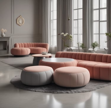A modern furniture showroom with several sofas and beds displayed. The interior is illuminated with ceiling lights and features white brick columns. A person is seen sitting on a chair in the background.