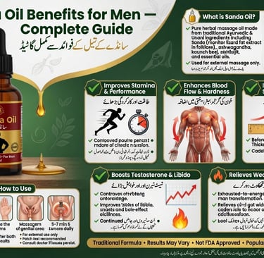 Infographic showing Sanda Oil benefits for men including stamina, blood flow, and testosterone enhancement.