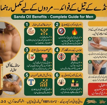 Informative Sanda oil benefits infographic for men featuring bottle packaging and natural massage application.