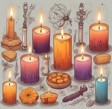 a group of candles sitting on top of a wooden block