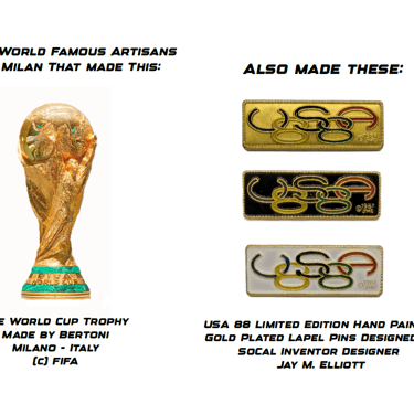 The FIFA World Cup trophy next to limited edition USA 88 gold plated lapel pins by Bertoni artisans.