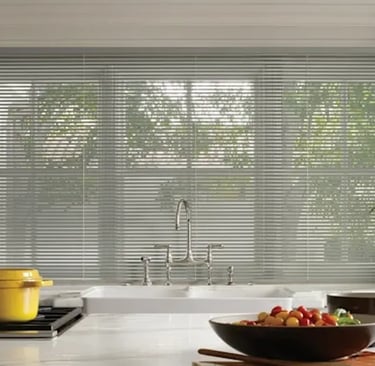 kitchen sink with modern aluminum blinds and bright natural light – Rise Up Window Coverings Milwaukee