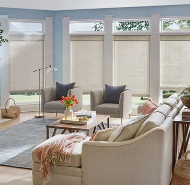 living room with beige cellular shades and natural light – Rise Up Window Coverings Milwaukee