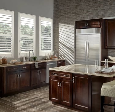 kitchen with dark wood cabinets and white plantation shutters – Rise Up Window Coverings Milwaukee