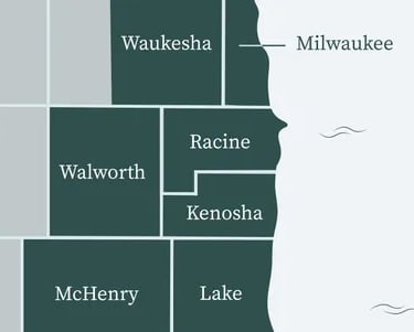 service area map showing Milwaukee, Waukesha, Racine, Kenosha, Walworth, Lake, and McHenry counties – Rise Up Window Covering