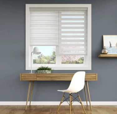 modern home office with zebra shades and wood desk – Rise Up Window Coverings Milwaukee