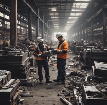 A large metal recycling container with the word 'RECYCLE' prominently displayed in white capital letters. The container shows signs of rust and wear, suggesting regular use. It is situated on a concrete surface, with trees visible in the background.