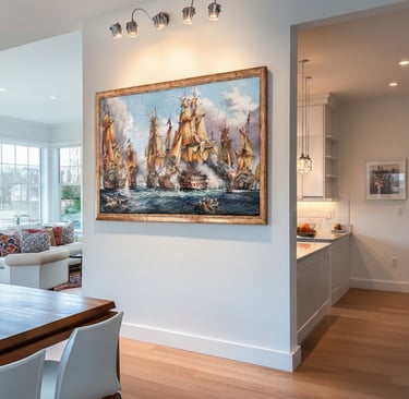 Elegant living room wall decor featuring handcrafted wall art in a modern, elegant setting.