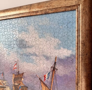 Close-up of glass-less textured artwork showing handcrafted puzzle surface detail in natural light.