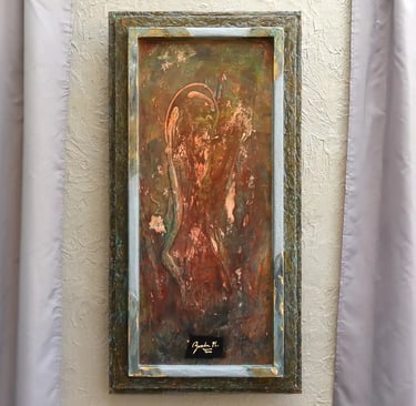 Fertiges Acrylbild mit dem Titel Sprössling, in gedämpften Erdtönen mit aufwendigem, gestückelten Rahmen aus Holz und Beton