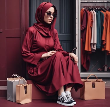 A bustling market scene with several people engaging in shopping. A woman in a bright pink and yellow saree carries a child, who is looking toward the camera. Colorful textiles and garments hang around the shop, creating a vibrant atmosphere. Other individuals are partially visible, focused on their activities.