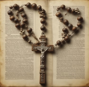 Close-up of traditional rosary beads on a wooden surface
