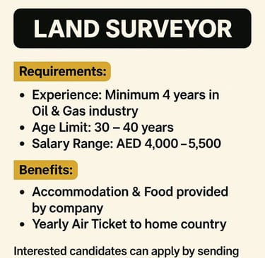 ob advertisement for Land Surveyor position at IMECO UAE with requirements of 4 years Oil and Gas ex
