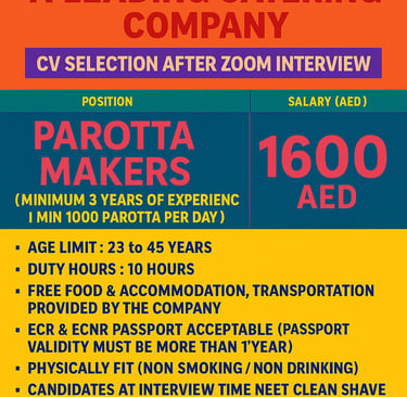 Parotta Maker Job Vacancy in UAE – 1600 AED Salary with Free Food and Accommodation | Apply Now through NS Consultancy Karaik