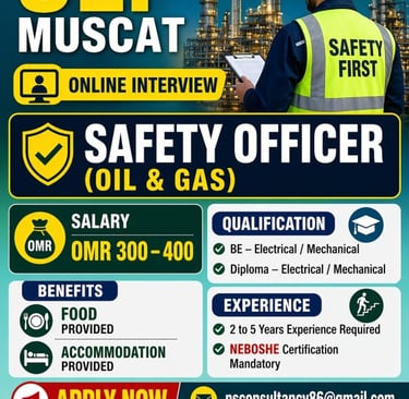 Safety Officer recruitment poster for an Oil and Gas job in Muscat, Oman with NEBOSH certification.