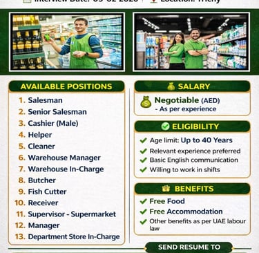 Supermarket jobs in UAE direct interview free food accommodation